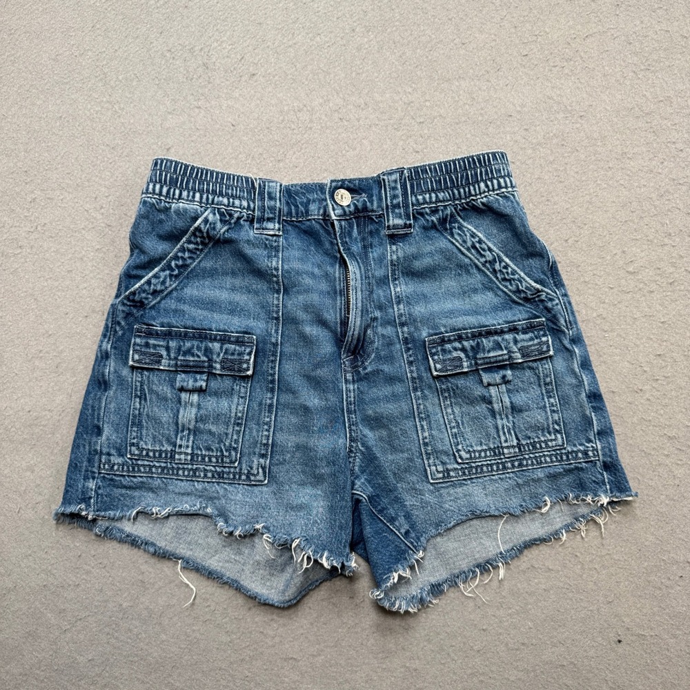 American Eagle Cargo Shorts Womens 2 Blue Denim High Rise Cut Off Utility Rugged
